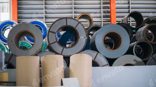 Preview: Rolls of metal sheet and galvanized inside the factory warehouse.