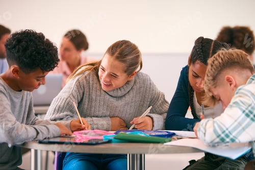 Preview: Secondary Or High School Students Collaborating In Study Area With Teachers In Background