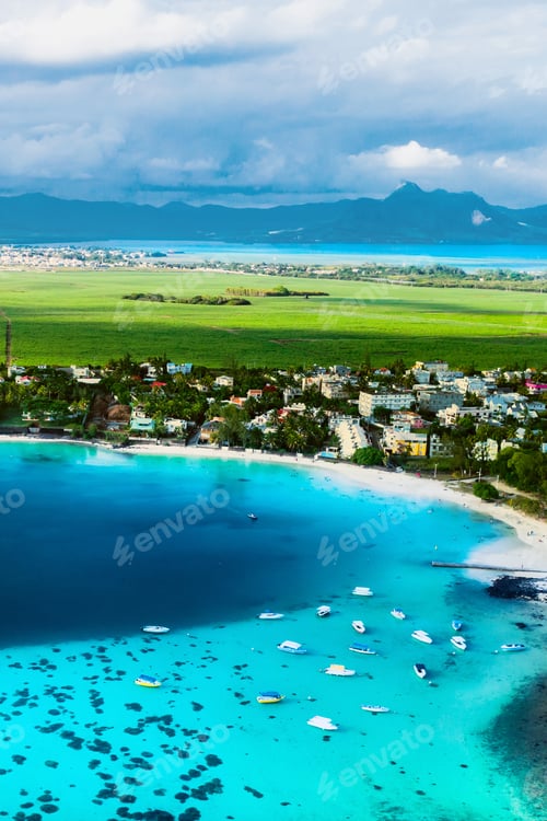 Preview: Aerial picture of the east coast of Mauritius Island. Beautiful lagoon of Mauritius Island shot from