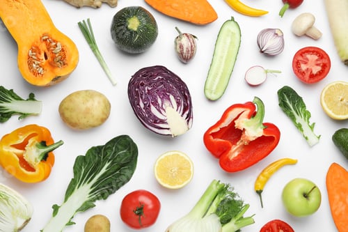 Preview: Flat lay composition with fresh ripe vegetables and fruits on white background