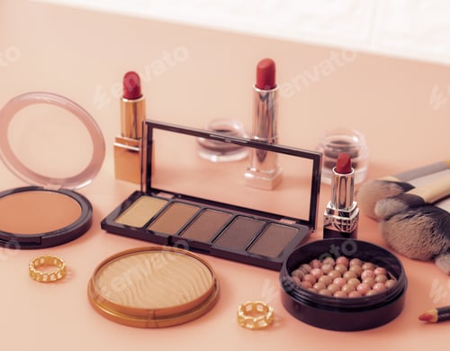 Preview: A set of female cosmetics on a pink background.