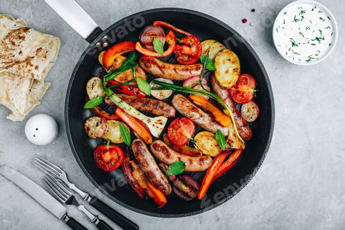 Preview: Grilled vegetables and sausages in cast iron pan