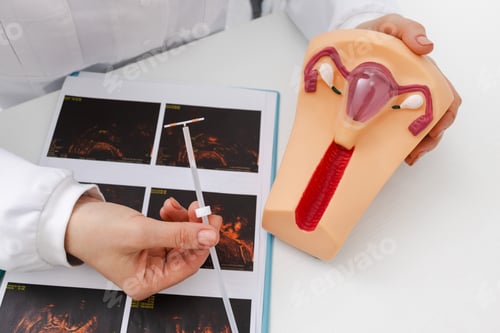 Preview: Experienced gynecologist showing female patient intrauterine contraceptive device or coil to