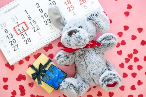 Preview: Valentine's Day background, date February 14 on calendar, flat lay, top view.