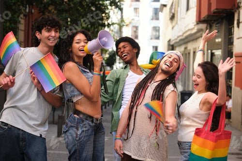 Preview: Group of friends celebrating gay pride holding rainbow flags and megaphone