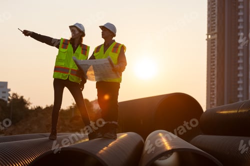 Preview: Two construction engineers in safety gear stand on drainage pipes