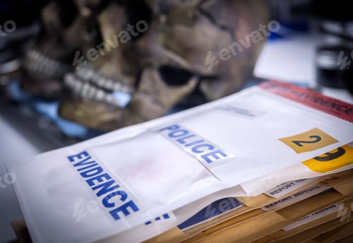 Preview: Several human skulls next to bag of evidence to determine DNA in forensic lab