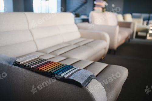 Preview: Fabric samples for sofa upholstery selection in showroom
