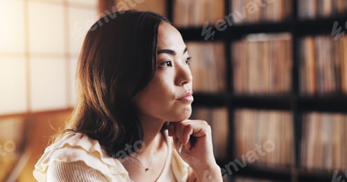 Preview: Thinking, serious and Asian woman in home, creative and writer with inspiration, ideas and remember