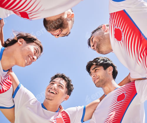 Preview: Soccer, team and huddle for strategy game plan in sports fitness, collaboration or goals in the out