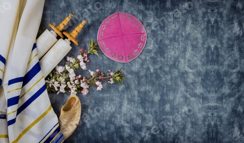 Preview: Jewish holidays, during prayer items kippa with prayer shawl tallit on shofar, torah scroll