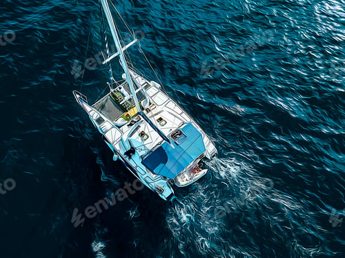 Preview: oil paint of aerial boat in the sea on a summer day during vacation holiday