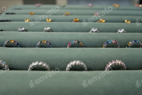 Preview: Selective focus on one of rows of rings with colorful gemstones