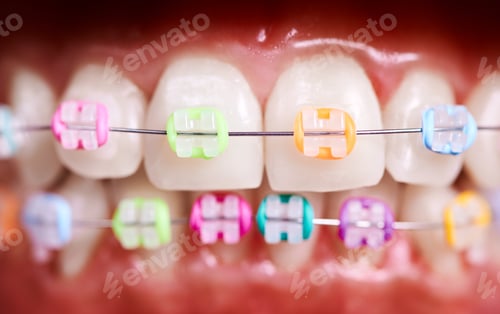 Preview: Orthodontic brackets with rubber bands on patient teeth.