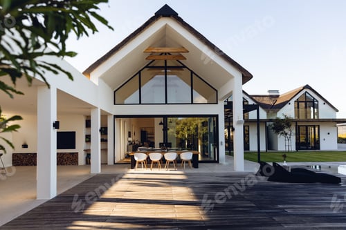 Preview: View of luxurious modern house exterior with dining space and garden