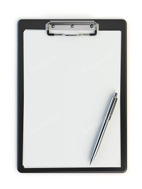 Preview: Clipboard and pen isolated on white with copy space.
