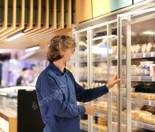 Preview: Supermarket Shopping, Face Mask And Gloves,Young Man Shopping In Supermarket, Reading Product