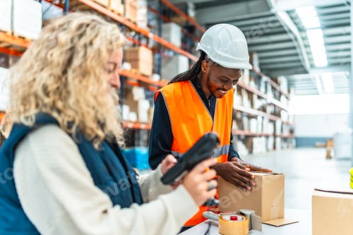 Preview: Manual workers preparing boxes to deliver in a modern warehouse