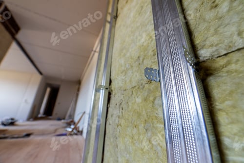 Preview: Wall of a room under renovation with mineral rock wool insulation