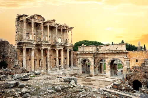 Preview: Library of Celsus in Ephesus under yellow sky