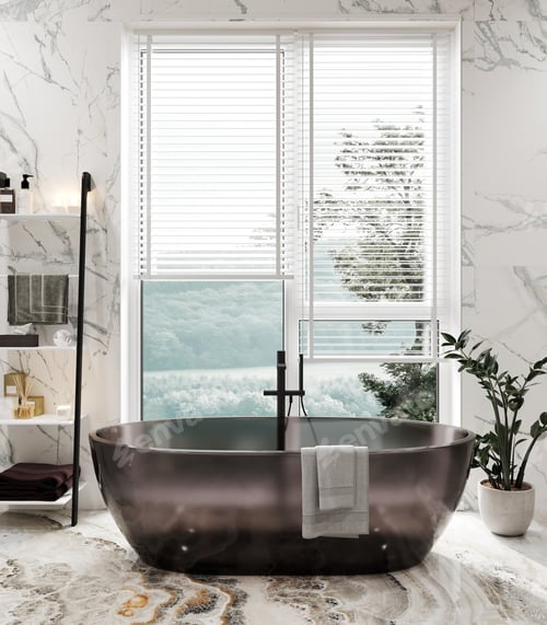 Preview: Bathroom interior with glass bathtub and white marble, 3d rendering