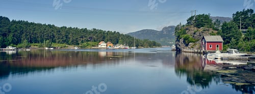 Preview: Panoramic view of fjord and village, Mosterhamn, Norway