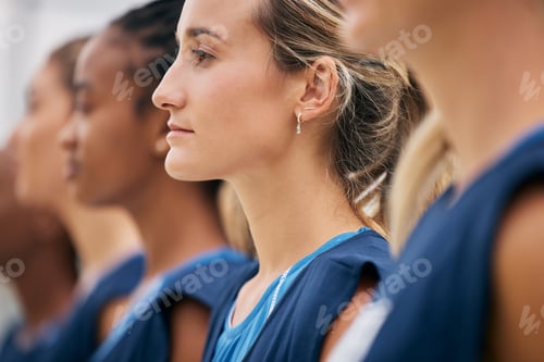 Preview: Woman basketball, line before match and diversity team for fitness sport together at game. Sports w