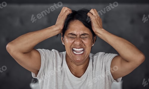 Preview: Shouting, headache and elderly woman in bed with insomnia, vertigo or menopause in her home. Scream
