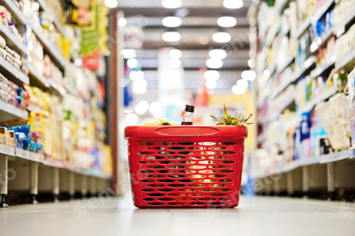 Preview: The aisle of goodnes. Shot of a shopping basket on the floor of a grocery store.