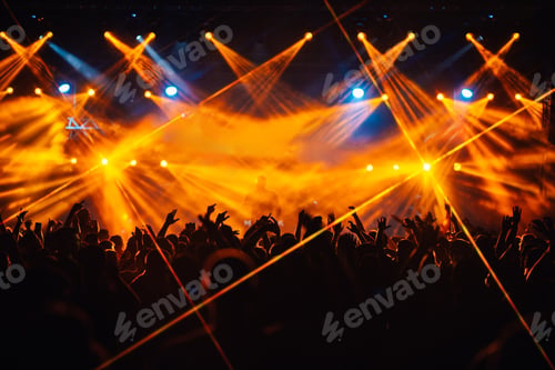 Preview: Crowd is rising their hands, dancing and having fun at music festival at night