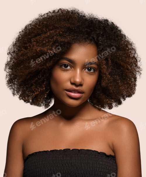Preview: Beautiful african woman black t-shirt portrait afro haircut Color background. pink