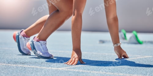 Preview: Start, track race and legs of runner, woman or athlete ready for fitness running, sprint training o