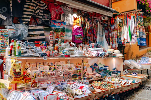 Preview: Beautiful colorful local souvenir shop on the narrow streets of Portofino