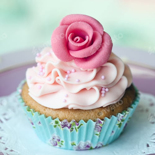 Preview: Delicious Cupcake with Pink Rose Decoration Close Up