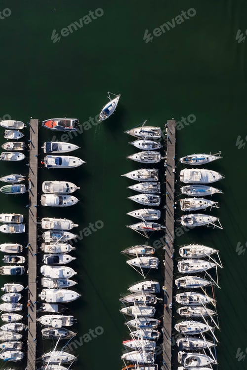 Preview: Aerial view of boats moored in the tourist port of Viareggio Italy