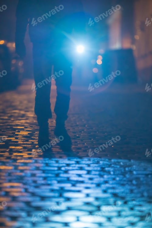 Preview: The man with a flashlight stand on the road. Evening night time.