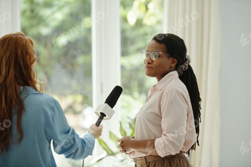 Vorschau: Journalist im Gespräch mit Geschäftsfrau im Büro
