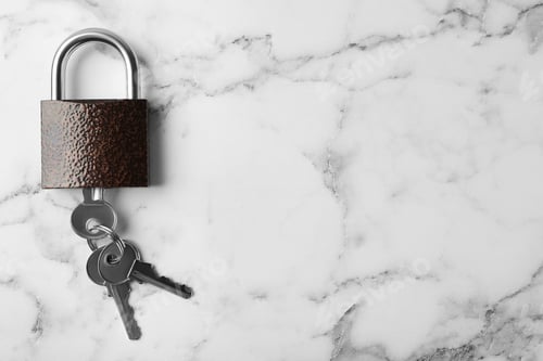 Preview: Steel padlock, keys and space for text on white marble background, top view. Safety concept