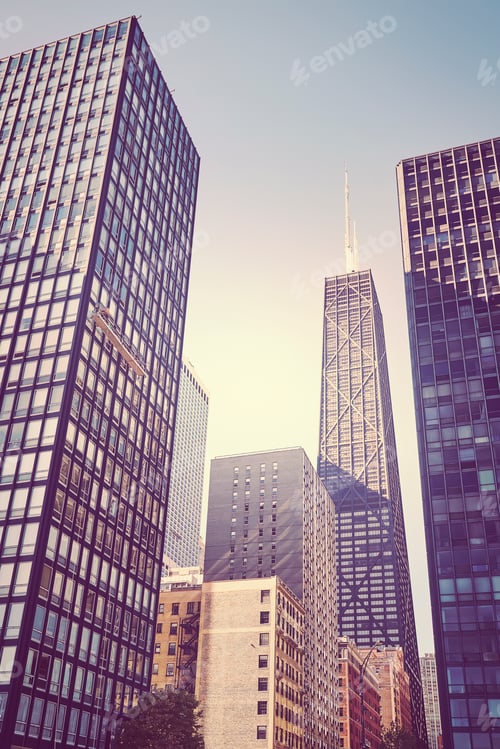 Preview: Retro toned photo of skyscrapers in Chicago city downtown, USA
