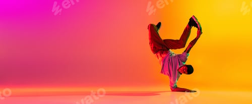Preview: Flyer with young stylish man, break dancing dancer training in casual clothes isolated over gradient