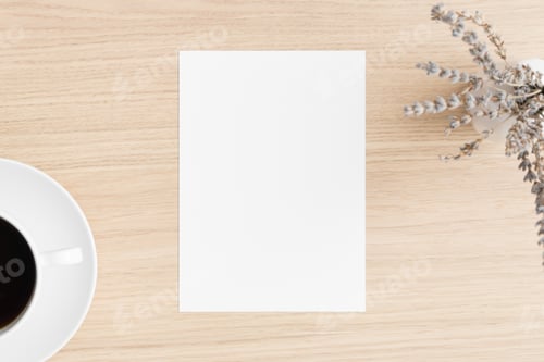 Preview: White invitation card mockup with lavender and a cup of coffee. 5x7 ratio, similar to A6, A5.