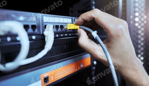 Preview: Hands, network engineer and server cable in server room for data, internet or web connection. Cyber
