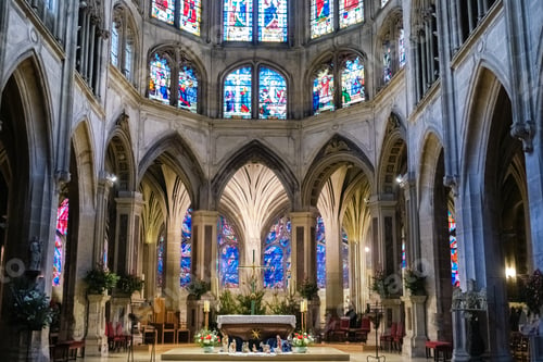 Preview: Beautiful church, with a traditional Christmas nativity scene in the center.