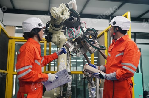 Preview: Industry 4.0: Young engineer works at a robotic arm