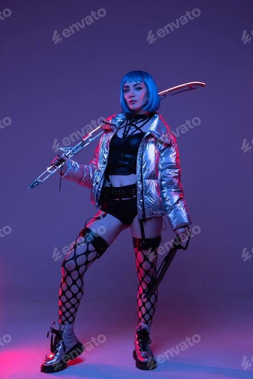 Preview: Cyberpunk woman with sword in silver jacket