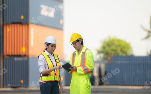 Preview: Portrait of Asian woman engineer and worker working with co-worker at overseas shipping container