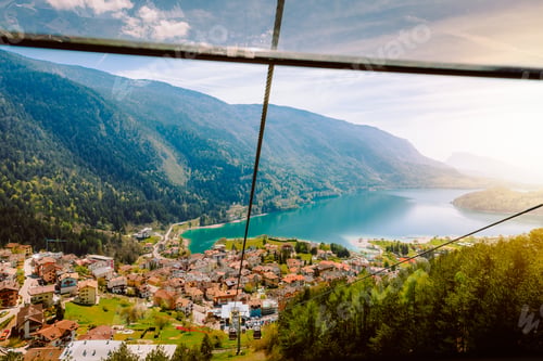 Preview: Top view of the town of Molveno and its lake from the funicular railway to the Pradel Plateau