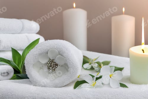Preview: Natural relaxing spa composition, massage table in wellness center with towels,jasmine flowers salt