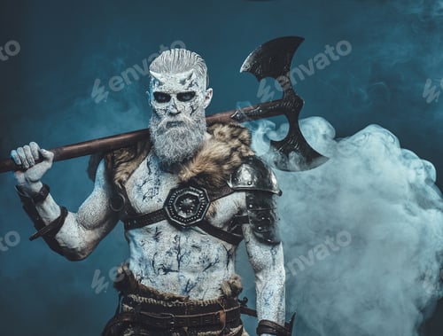 Preview: Mythical winter warrior with huge axe on his shoulder in fog