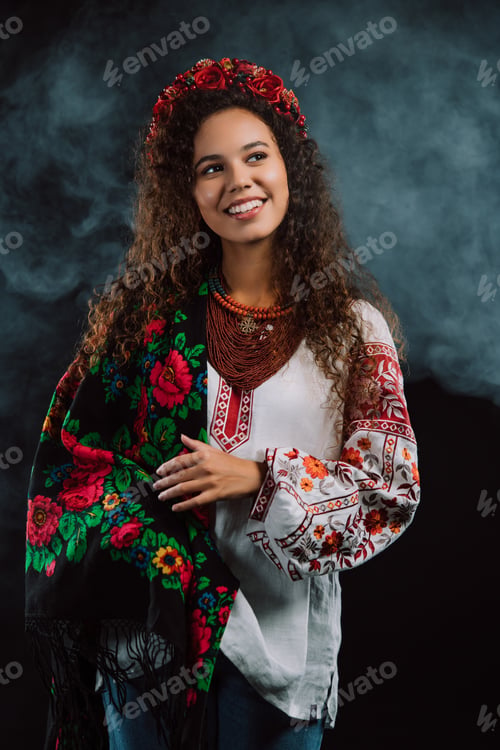 Preview: Modern young woman in traditional ukrainian handkerchief. Ukraine, style, folk